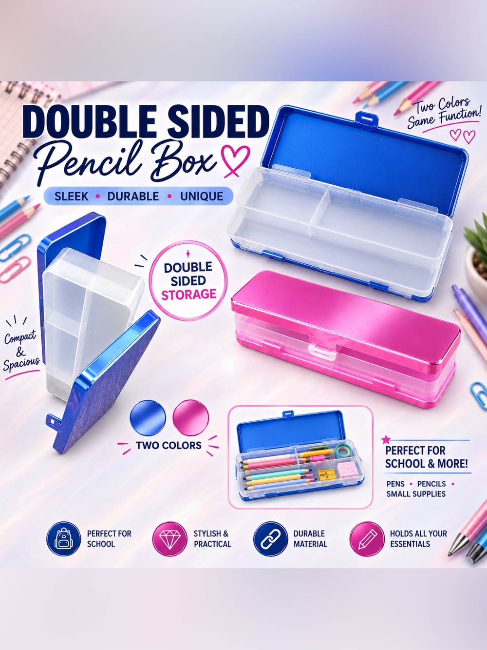 Double-Sided Metallic Pencil Box 8x3